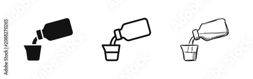 Bild auf Leinwand Liquid pouring from bottle to beaker icon set, laboratory and medicine dosage sy