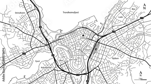 Obraz na plátně Trondheim Fjord City Map, Norway - Aerial View of Urban Grid and Waterways