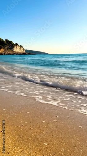 Gentle ocean waves wash over a golden sandy beach at sunset