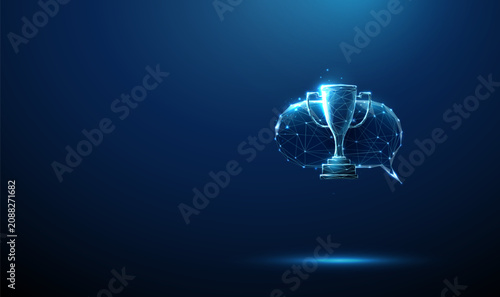 3D blue chat bubble with sport cup. Sports communication, victory news, championship discussion, winner feedback, achievement, competition result, success concept