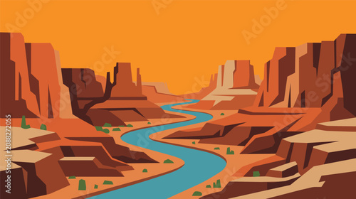 Cuadro en lienzo Desert canyon landscape with winding blue river between towering sandstone cliffs under warm orange sky, flat vector illustration, scenic southwest nature background with copy space