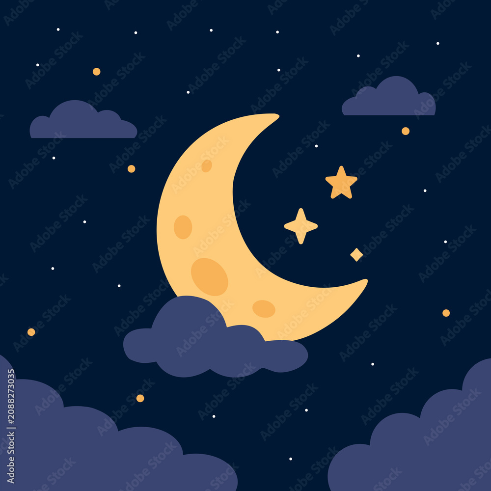 Fototapeta premium Cute Crescent Moon with Clouds and Stars in Night Sky Flat Vector Illustration