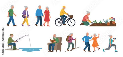 Senior citizens engage in diverse active lifestyle activities, including walking, cycling, gardening, and exercising, promoting health and well-being.