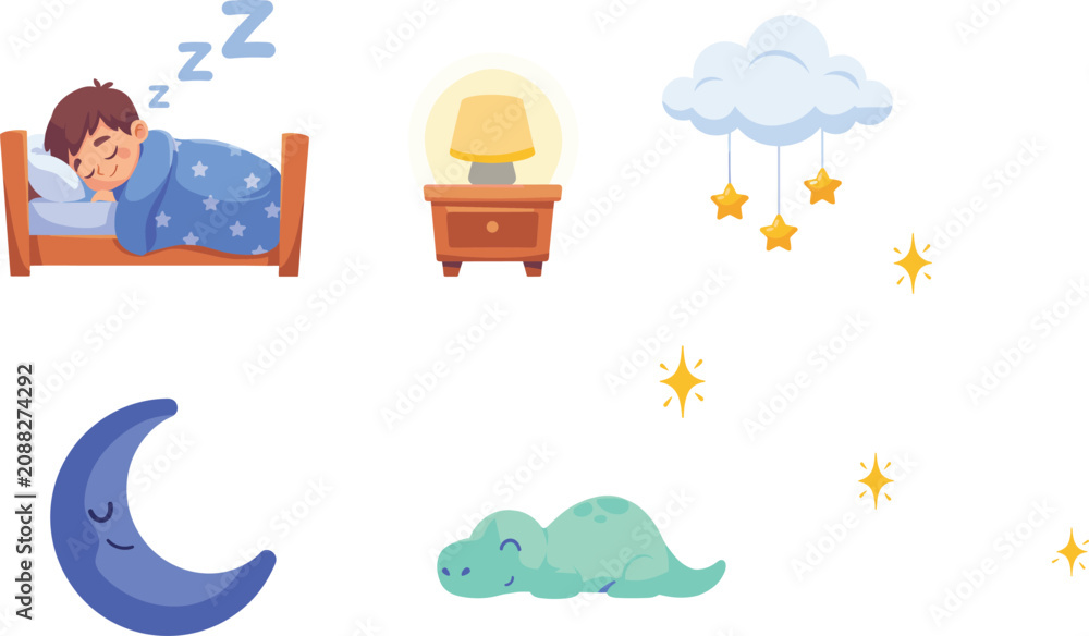 Obraz premium Cute Little Boy Sleeping in Bed Vector Set with Crescent Moon Cloud Mobile Nightstand Lamp and Dinosaur Toy for Bedtime Story Designs