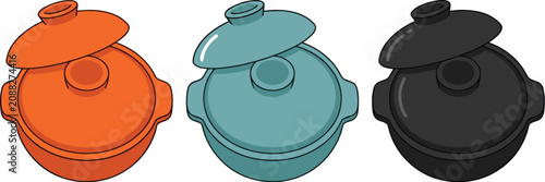 Foto Traditional ceramic cooking pot vector set with terracotta orange blue and black clay earthenware casseroles with lids illustration