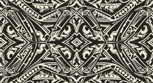 Seamless Samoan tribal pattern featuring traditional Polynesian motifs like spearheads, triangles, and shark teeth. Black and white geometric symmetrical ethnic tattoo vector design.