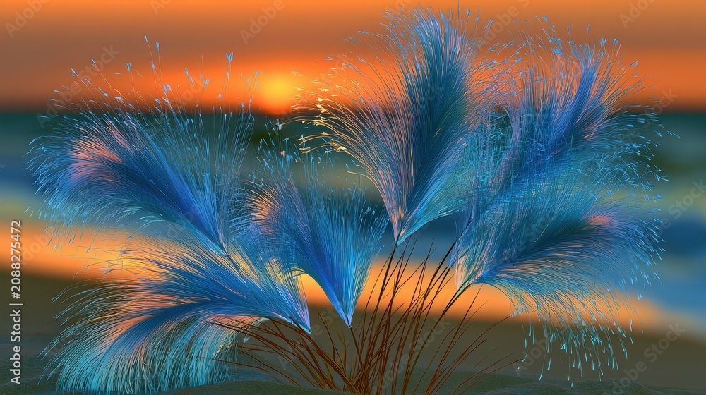 Fototapeta premium Oceanfront sunset majestic fronds warm amber sky mindfulness serenity close up coastal dream theme dynamic Manipulation sandy shore backdrop. 