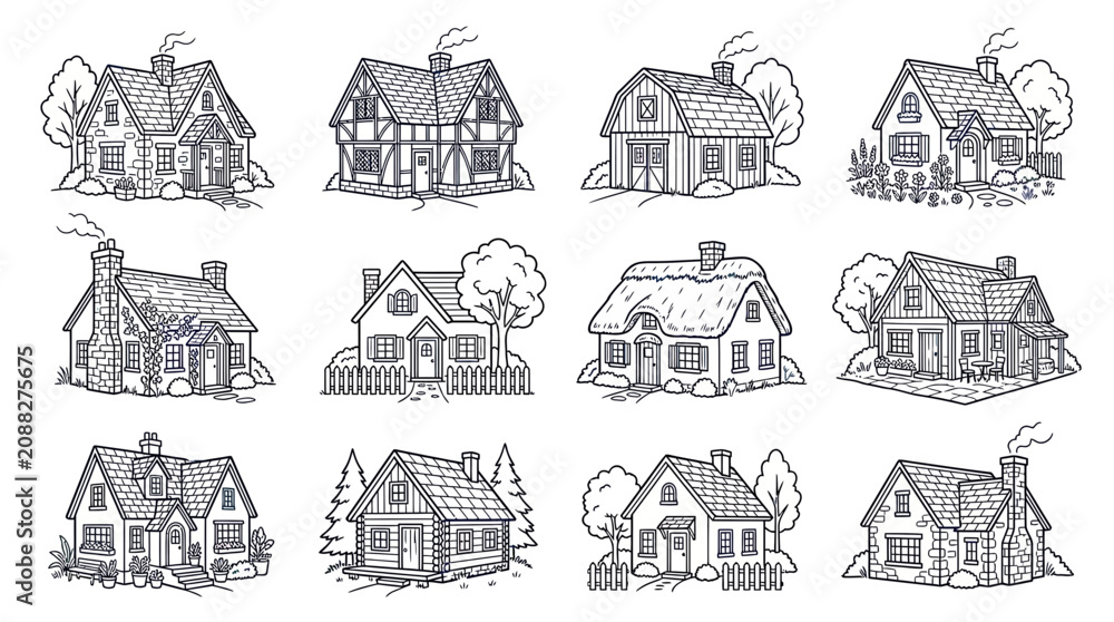 Obraz premium Set of Hand-Drawn Houses, Architectural Styles Collection
