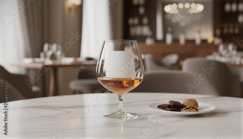 Elegant cognac snifter with a white label served with dark chocolate