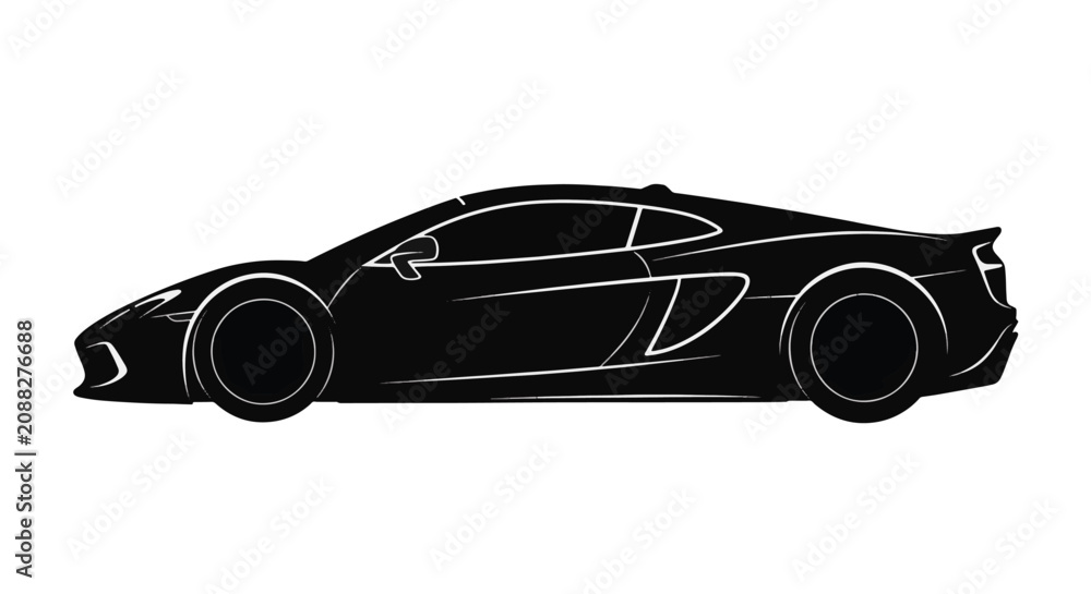Obraz premium Side profile silhouette of a modern high-performance sports car, sleek aerodynamic supercar vector illustration isolated on a white background for automotive design and racing graphics.