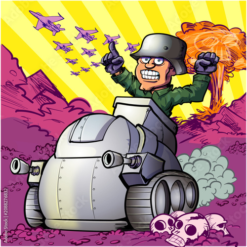 Cartoon Soldier In Tank Celebrating Victory Amid Explosions And Fighter Planes Over Battlefield