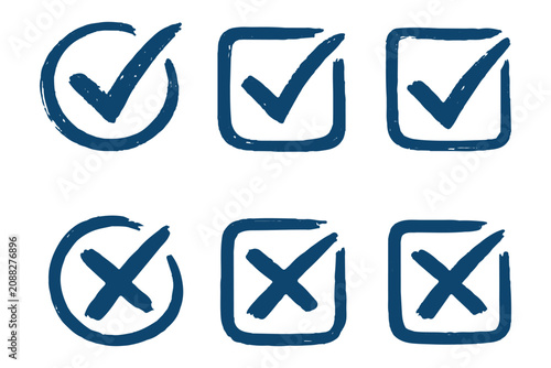 Quadro su tela Checkmark and cross icon set, grunge check mark and cross symbols with brush style, correct and incorrect signs in square and circle shapes
