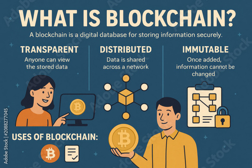 Blockchain Infographic - Explanation on How Blockchain works - Illustrated Diagram of Blockchain Technology - System for traceability, supply chain - Decentralization network validation
