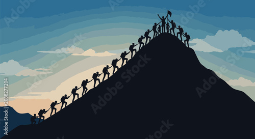 Silhouette illustration of a group of people helping each other climb a steep mountain slope toward a summit where a leader holds a flag during a sunrise sky with clouds.