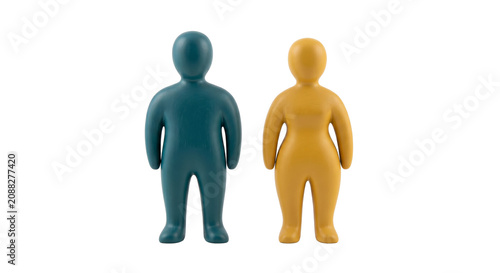 Obraz na plátně Two simplified figures, one teal and one yellow, standing side by side