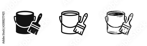 Paint bucket and brush icon set, renovation and construction tools, flat and hand drawn styles