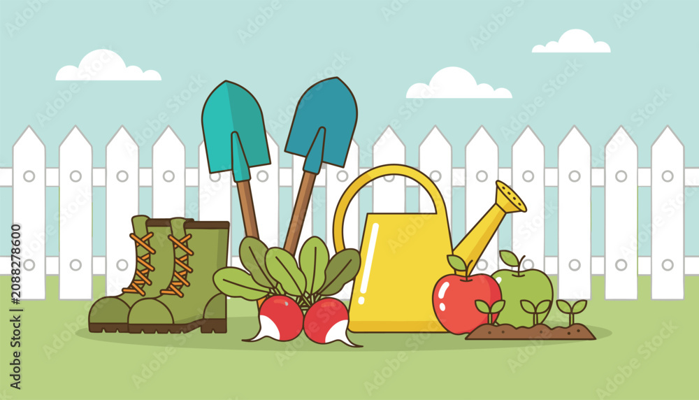 Fototapeta premium Gardening tools and fresh organic produce arranged in front of a classic white picket fence on sunny day.