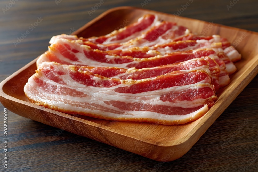 Obraz premium Raw bacon strips laid out on wooden serving tray on table
