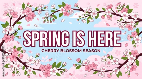 A flat vector banner with a cherry blossom branch framing enormous lettering