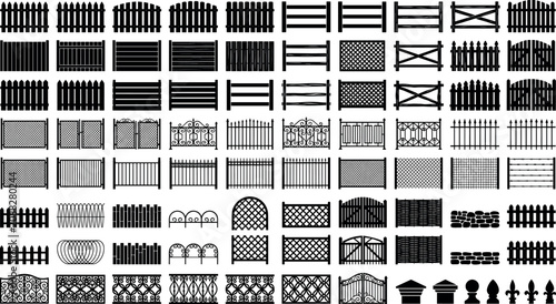 Canvas Print Large collection of black fence silhouettes featuring wooden pickets metal iron gates and garden barriers isolated on white background vector illustration