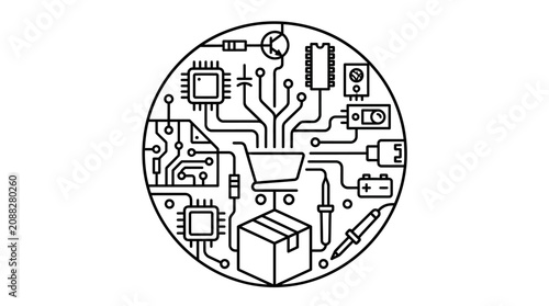 Cuadro en lienzo Minimalist Black and White Circuit Board Design with Office Elements Inside a Ci