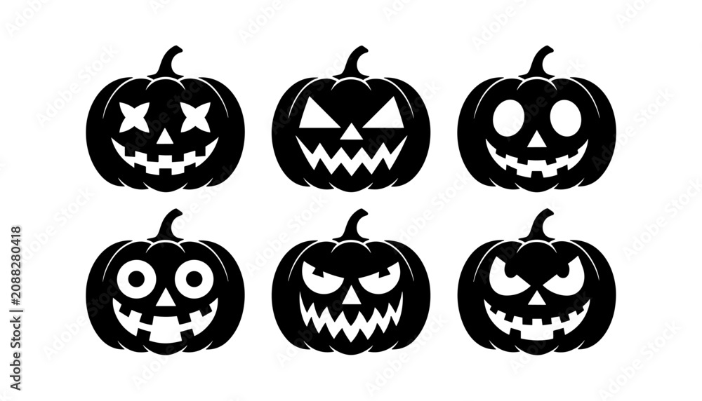 Obraz premium Halloween pumpkin icons set, flat black jack-o-lantern silhouettes with spooky faces, vector illustration isolated on white background for autumn holiday design