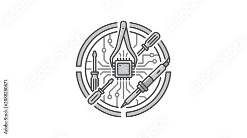 Corporate Minimalist Icon of Circuit Board with Tools and Flame Symbol for Tech Innovation and Development