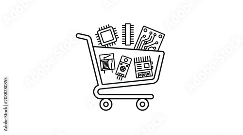 Tableau sur toile Professional Black and White Line Drawing of Shopping Cart Filled with Electroni