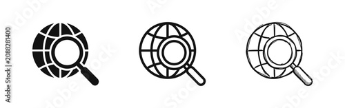 Obraz na plátne Magnifying glass over globe icons: solid black, outline, and sketch