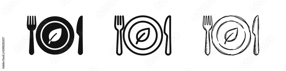 Naklejka premium Healthy food and dining icons, cutlery with leaf on plate, organic nutrition concept