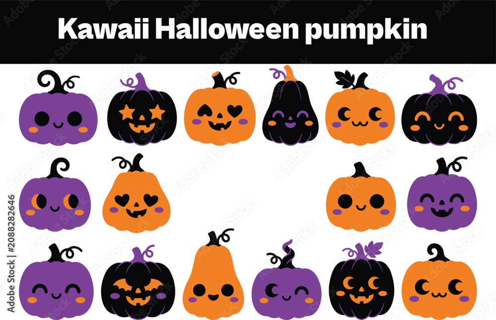 Obraz premium Set of 15 flat icons related to kawaii halloween pumpkin - collection of jack o lantern, star eye, heart eye, crescent eye, purple, orange, black vector elements