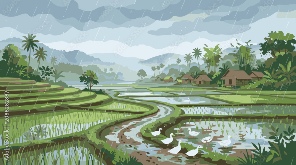 Obraz premium Rainy day in rural asian village with green rice terrace fields and ducks vector illustration