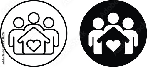 Family icon with house and heart symbol in contrasting circle backgrounds