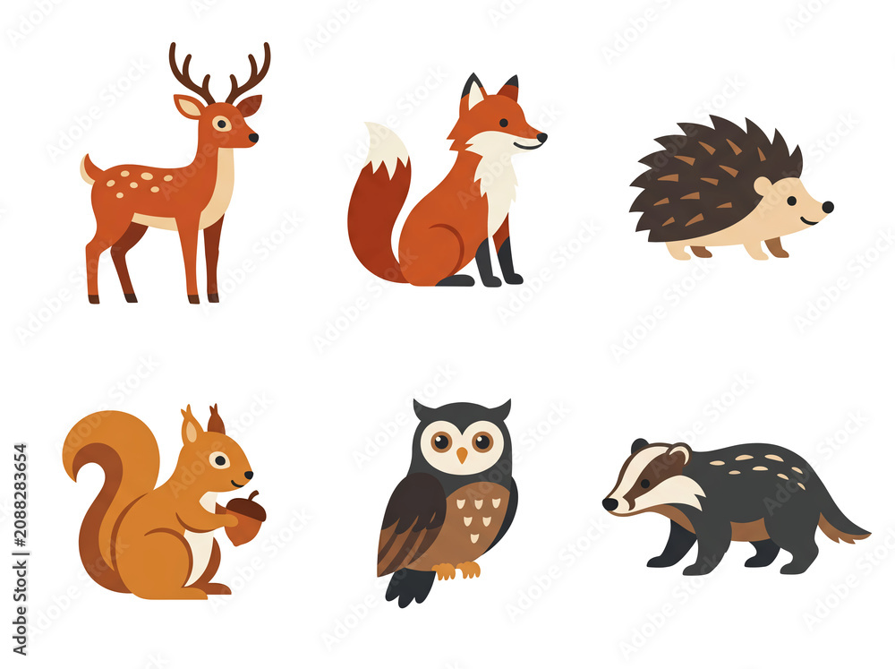 Fototapeta premium Children's cartoon woodland animals illustrations set deer fox hedgehog squirrel owl badger
