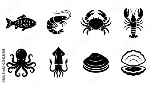 Seafood icons, ocean creatures, black silhouettes, vector set