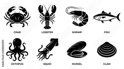 Seafood icons, ocean creatures, seafood symbols, marine animals, black vector set