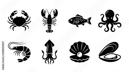 Seafood icons, ocean creatures, black silhouettes, vector set