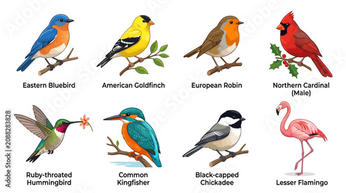 Birds, Colorful Bird Illustrations, 8 Bird Species, Vector Icons, Wildlife Animals, Nature Elements
