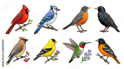 Colorful Bird Illustrations, Bird Set, Wildlife Icons, Vector Birds