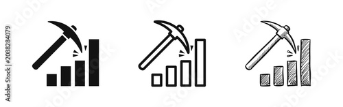Mining pickaxe on growth chart icons in different styles