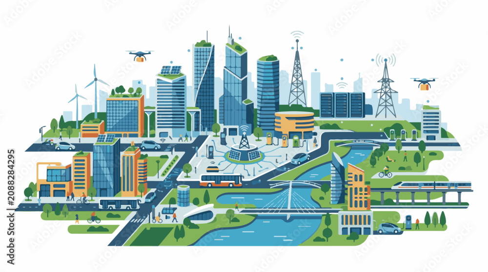 Fototapeta premium Smart city with renewable energy drones and electric vehicles