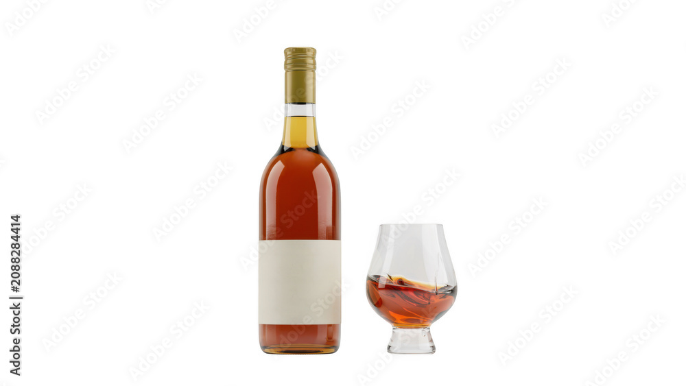 Obraz premium Bottle of cognac with a glass of brandy isolated on transparent background