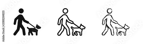 Tableau sur toile Person walking a dog icons: solid black, outline, and hand-drawn sketch