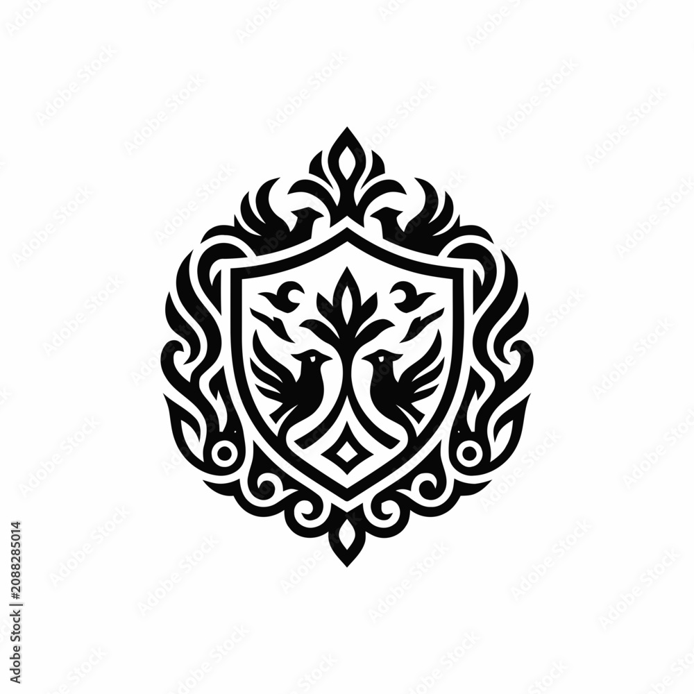 Fototapeta premium Heraldic Emblem with Birds and Tree - Ornate Shield Crest - Black and White Vector