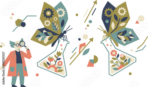 A woman examines a magnifying glass closely while standing next to colorful butterfly illustrations emerging from beakers filled with flowers and mechanical parts.