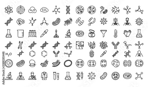 Molecule Cell Atom and Protein Editable Stroke Outline Icon Set Vector