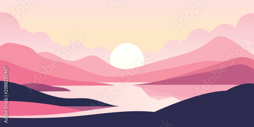 pink hill landscape beautiful view illustration flat design