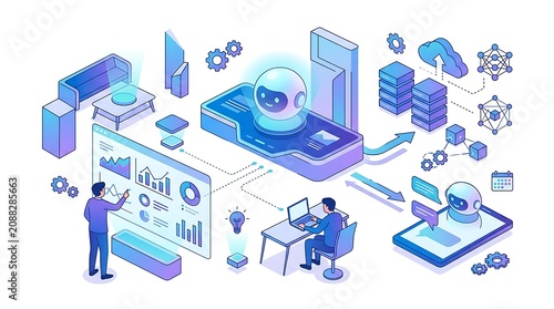 Software engineers collaborate on a digital project involving cloud infrastructure and automated robotic systems to enhance organizational productivity.
