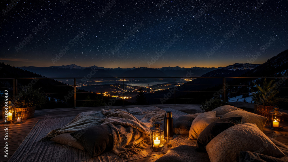 Fototapeta premium Breathtaking Night View from Cozy Mountain Terrace Overlooking Sparkling Valley Town Under Vast Starry Sky with Warm Candlelight and Comfortable Blankets for Relaxation