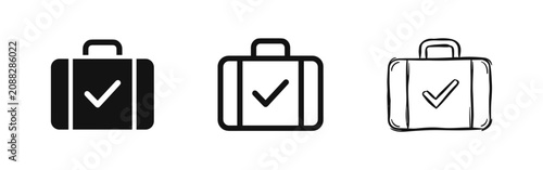 Foto Suitcase icon with check mark for travel and business luggage in flat, outline,